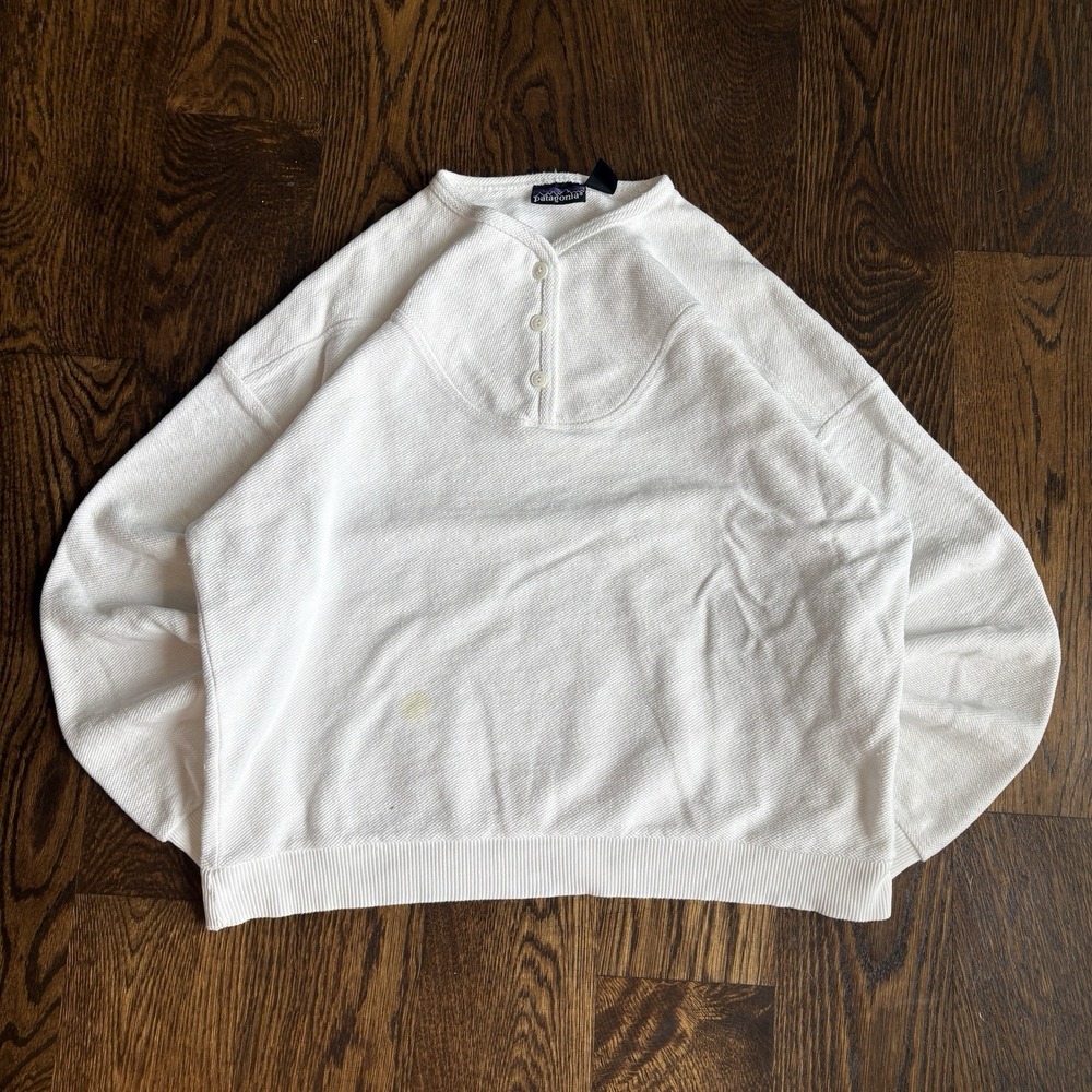 VTG 90s Patagonia Knit Henley Sweater Womens 10 White Cotton Crop Pullover 90s